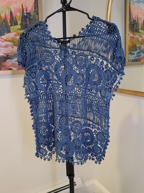 DESIGN WORKS 100% Cotton Crochet Lace Cap Sleeve Top Blue Women's Size M